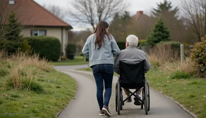 Woman helping an old man with his wheel chair - m Woman helping an old man with his wheel chair