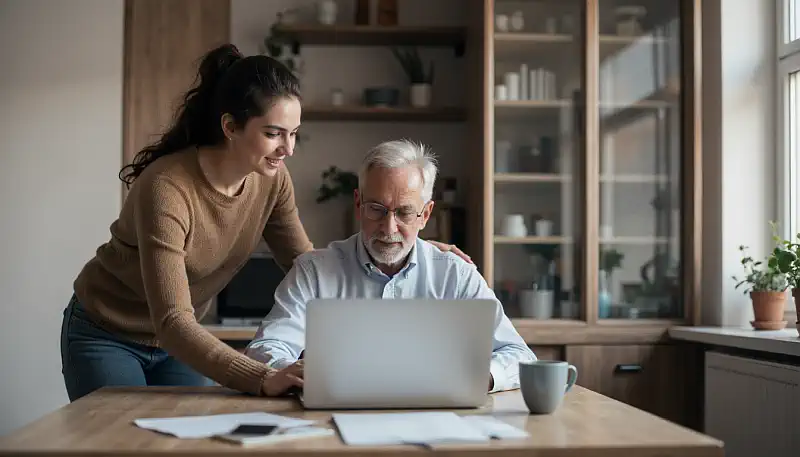 woman helping an older man with laptop 1-m woman helping an older man with laptop